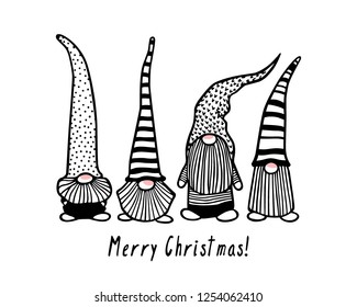 Vector Christmas card with hand drawn cute Scandinavian gnomes with pink noses in patterned caps. Ink drawing, funny illustration, beautiful design elements.