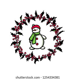 Vector Christmas card with hand drawn snowman in floral wreath. Beautiful ink drawing, vector emblem