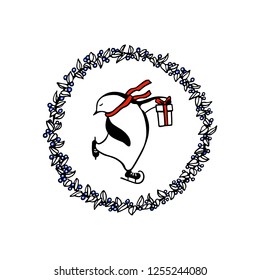 Vector Christmas card with hand drawn cute penguin skating on ice in Santa's hat and with gift boxes in floral wreath. Ink drawing, funny illustration, beautiful holidays design elements.