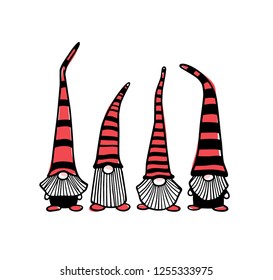 Vector Christmas card with hand drawn cute Scandinavian gnomes in striped caps. Ink drawing, funny illustration, beautiful design elements.
