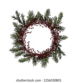 Vector Christmas card with hand drawn floral wreath. Ink drawing, graphic style, beautiful wedding design element