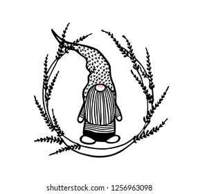 Vector Christmas card with hand drawn cute nisse in high cap in floral wreath. Ink drawing, beautiful Christmas design elements