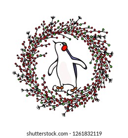 Vector Christmas card with hand drawn cute penguin skating on ice in floral wreath. Ink drawing, funny illustration, beautiful holidays design elements.