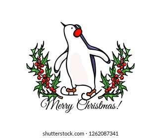 Vector Christmas card with hand drawn cute penguin skating on ice in holly wreath. Ink drawing, funny illustration, beautiful holidays design elements.