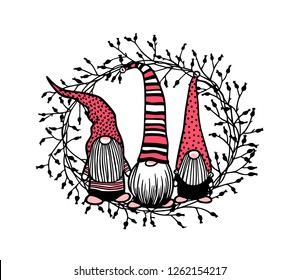 Vector Christmas card with hand drawn cute nisse in high caps in floral wreath. Ink drawing, beautiful Christmas design elements