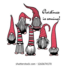 Vector Christmas card with hand drawn cute Scandinavian gnomes in dotted caps. Ink drawing, funny illustration, beautiful design elements.