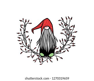 Vector Christmas card with hand drawn cute nisse in high cap in floral wreath. Ink drawing, beautiful Christmas design elements