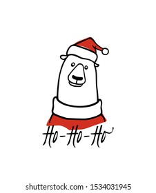 Vector Christmas card with hand drawn cute polar bear in Santa outfit. Perfect Christmas or New Year design elements, animal illustration, ink drawing. 