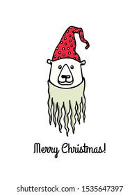 Vector Christmas card with hand drawn cute polar bear in Nisse outfit - Scandinavian gnome in dotted cap. Ink drawing, funny illustration, beautiful Christmas or New Year design elements. 