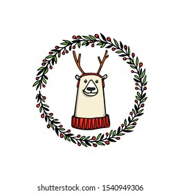 Vector Christmas card with hand drawn cute polar bear in Christmas deer appearance in winter floral wreath. Perfect Christmas or New Year design elements, animal illustration, ink drawing. 