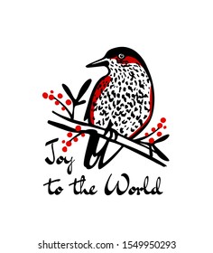 Vector Christmas card with hand drawn red-winged bird with red berries made with ink. Beautiful festive design elements.