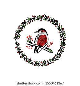 Vector Christmas card with hand drawn red-breasted bird in red berries wreath made with ink. Beautiful festive design elements.