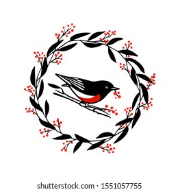 Vector Christmas card with hand drawn red-breasted bird in red berries wreath made with ink. Beautiful festive design elements.