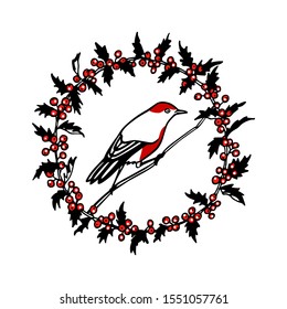 Vector Christmas card with hand drawn red-breasted bird in red berries wreath made with ink. Beautiful festive design elements.