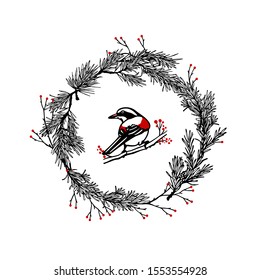 Vector Christmas card with hand drawn red-winged bird in pine wreath made with ink. Beautiful festive design elements.