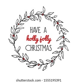 Vector Christmas card with hand drawn red berries wreath made with ink. Beautiful festive design elements. Perfect for Christmas and New Year greeting cards