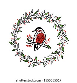 Vector Christmas card with hand drawn red-breasted bird in red berries wreath made with ink. Beautiful festive design elements.