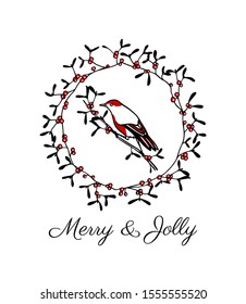 Vector Christmas card with hand drawn red-breasted bird in red berries wreath made with ink. Beautiful festive design elements.