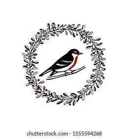 Vector Christmas card with hand drawn red-breasted bird in red berries wreath made with ink. Beautiful festive design elements.