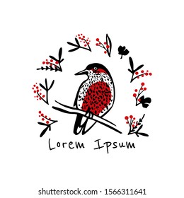 Vector Christmas card with hand drawn red-breasted bird in berry wreath made with ink. Beautiful festive design elements.