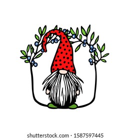 Vector Christmas card with hand drawn Swedish Christmas gnome in red high cap in floral frame with blue berries. Ink drawing, beautiful Christmas design elements