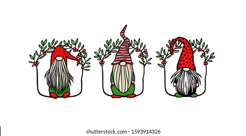 Vector Christmas card with hand drawn Swedish Christmas gnomes in red high caps in floral frame with red berries. Ink drawing, beautiful Christmas design elements