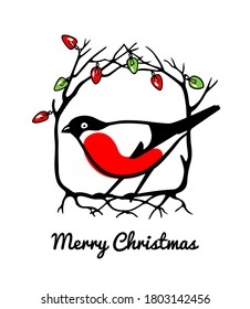 Vector Christmas card with hand drawn bullfinch in floral frame with festive garland. Ink drawing, beautiful design elements. 