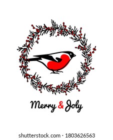 Vector Christmas card with hand drawn bullfinch in barberry wreath made with ink. Beautiful animal and Christmas season design elements, logo template