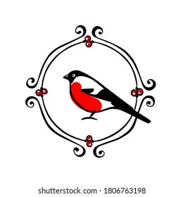 Vector Christmas card with hand drawn bullfinch in vintage frame with red berries. Ink drawing, beautiful design elements. 