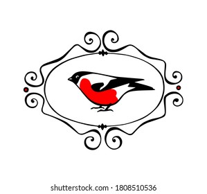 Tarjeta vectorial de Navidad con bullfinch dibujado a mano en marco vintage con bayas rojas. Dibujo de tinta, hermosos elementos de diseño. 