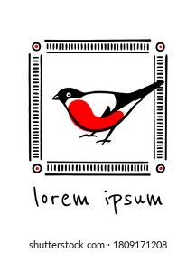 Tarjeta de navidad vectorial con bullfinch dibujado a mano en elegante marco vintage. Dibujo de tinta, hermosos elementos de diseño de Navidad y Año Nuevo. 