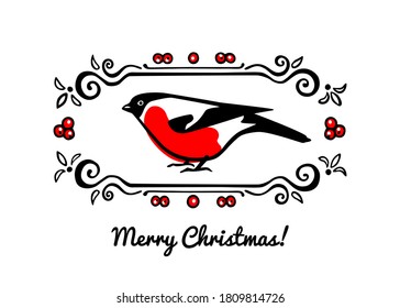 Vector Christmas card with hand drawn bullfinch in vintage frame with red berries. Ink drawing, beautiful Christmas and New Year design elements. 
