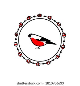 Tarjeta de navidad vectorial con bullfinch dibujado a mano en elegante marco vintage. Dibujo de tinta, hermosos elementos de diseño de Navidad y Año Nuevo. 