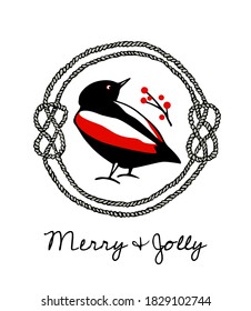 Tarjeta de navidad vectorial con un pequeño pájaro dibujado a mano en un marco de cuerda vintage hecho con tinta. Hermosos elementos de diseño de animales y Navidad, plantilla de logotipo