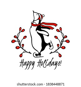 Vector Christmas card with hand drawn cute penguin skating on ice in Santa's hat in floral barberry laurel. Ink drawing, funny illustration, beautiful holidays design elements.