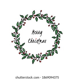 Vector Christmas card with hand drawn red berries green leaves wreath made with ink. Beautiful festive design elements. Perfect for Christmas and New Year greeting cards