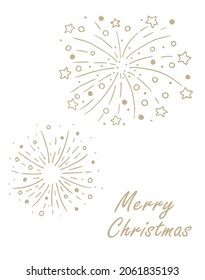 Vector christmas card with hand drawn fireworks. Vector illustration for winter celebration. Postcard with text and doodle fireworks. Marry Christmas.