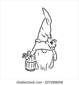Vector Christmas card with hand drawn cute Scandinavian gnomes in patterned caps. Ink drawing, funny illustration, beautiful design elements.