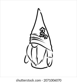 Vector Christmas card with hand drawn cute Scandinavian gnomes in patterned caps. Ink drawing, funny illustration, beautiful design elements.