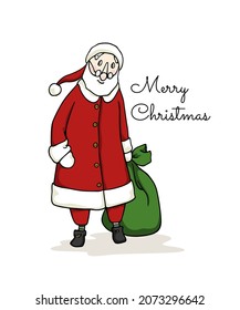 Vector Christmas card with hand drawn sweet Santa Claus with a big bag of presents. Beautiful design elements, ink drawing. Wonderful Advent, Christmas or New Year design elements.