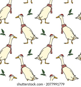 Vector Christmas card with hand drawn cute white Indian Runner ducks in Santa hats with pine twigs. Ink drawing, graphic style. Beautiful holidays design elements, perfect for prints and patterns