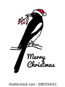 Vector Christmas card with hand drawn cute Magpie in Santa hat sitting on a tree branch with red berry twig. Ink drawing, graphic style. Beautiful illustration, Christmas and New Year design elements.
