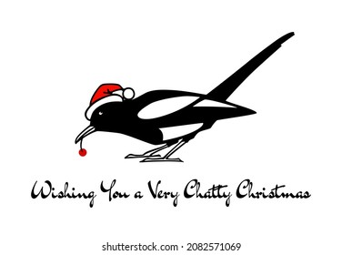 Vector Christmas card with hand drawn cute Magpie in Santa hat. Ink drawing, graphic style. Beautiful illustration, funny Christmas wishing.