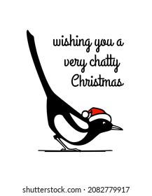 Vector Christmas card with hand drawn cute Magpie with its tail high in Santa hat. Ink drawing, graphic style. Beautiful illustration, funny Christmas wishing.