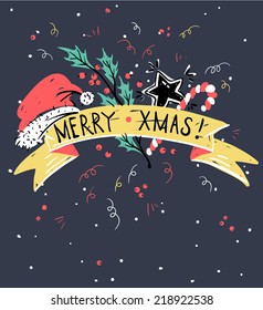 vector Christmas card with hand drawn holiday items