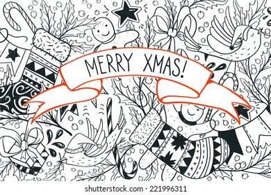 Vector Christmas card with hand drawn holiday items