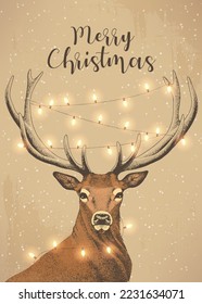 Vector Christmas card with hand drawn deer