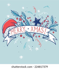 vector Christmas card with hand drawn holiday items