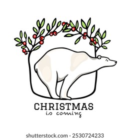 Vector Christmas card with hand drawn cute polar bear who is looking out approaching Holidays standing inside winter floral frame. Beautiful ink drawing, sweet festive illustration
