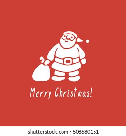 Vector Christmas card with hand drawn cute Santa Claus standing with a heavy sack. Simple beautiful Christmas card.